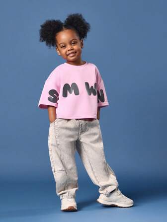 SUMWON Ensemble casual coton boxy d'été pour filles avec haut imprimé surdimensionné SMWN et jean taille haute à jambe large avec taille élastiquée