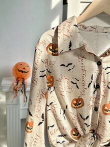 Franclia 女士休闲H型翻领长袖印花衬衫，适合万圣节、秋冬季 - 彩色 - 查看 6