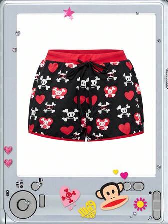 Paul Frank X ROMWE Colorblock Drawstring Waist Skull Pattern Elastic Waist Sleepwear Bottoms