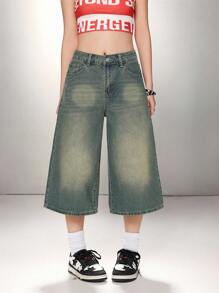 SHEIN ICON Women's Casual Loose Denim Wide-Leg 7/8 Length Jeans, Blue, Western Wear Women