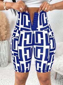 SHEIN Lady Women's Contrast Color All-Over Print High Waist Shorts With Waist Buckle - Royal Blue - View 1