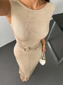 SHEIN PETITE 夏季秋冬杏色亮片冰丝圆领短袖流行时尚金属装饰修身中长款女装连衣裙 - 杏色 - 查看 6