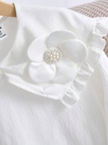 Blusa casual a maniche lunghe con bordo in pizzo per ragazze, camicia elegante con colletto ricamato a fiori per uscite, top bianco semplice - Bianco - Visualizzare 6