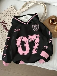 SHEIN Leap Crew 少女休闲时尚运动街头风，朋克风，07号针织休闲系带字母数字图案黑色宽松舒适卫衣，适合秋冬季少女穿着，秋季卫衣 - 彩色 - 查看 1