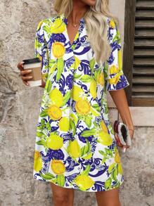 SHEIN Clasi 大码女式水果印花 V 领喇叭袖宽松休闲连衣裙