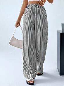 SHEIN Tall Striped & Printed Casual Daily Wear Women Spring/Summer Long Pants - Black - View 8