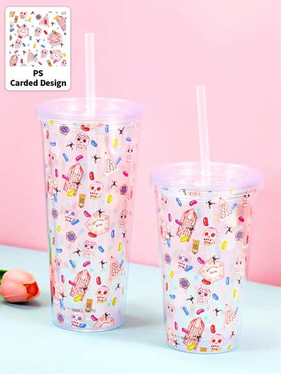HARRY POTTER X SHEIN 1PC Letter Graphic Cold Drink Juice Cup, 450ml Or 600ml Transparent Flat Lid, Double-Layer Straw Cup, Straw Juice Cup, Transparent Bow Shaped Cup