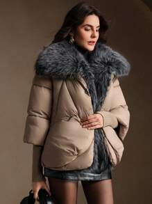 Anewsta Áo khoác dày cao cấp sang trọng có cổ tay áo dệt kim và cổ áo lông thú giả cỡ lớn, thích hợp cho mùa thu, mùa đông, đi chơi, thanh lịch, trang trọng, tiệc tùng, sang trọng, năm mới, áo khoác mùa đông nữ, giáng sinh, công sở, tốt nghiệp, đám cưới - Màu Khaki - Xem 6