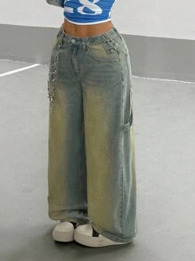 StreetHx 女式口袋阔腿低腰复古宽松牛仔裤 - 淺色水洗藍 - 查看 1