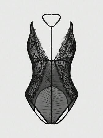 Goth Bodys sexy con escote halter y calados de encaje gótico