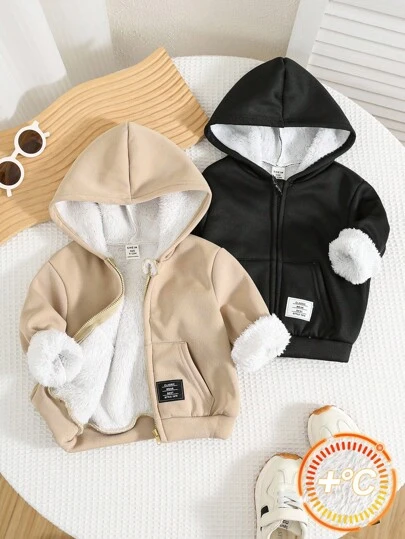 SHEIN 2 piezas Chaqueta con capucha con cremallera y forro térmico para bebés niños, informal y versátil para bebés niños y niñas, otoño/invierno