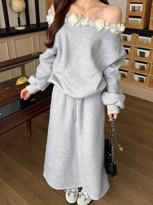 DAZY Women's Casual Ruffled Shoulder & Skirt 2 Pieces Set, Spring/Autumn Off Shoulder Top - Grey - View 8