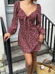 Sunnyshic Ditsy Floral Fitted Long Sleeve Dress Fall Cloth For Women