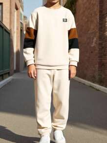 Tween Boy Sports Casual Contrast Color Round Neck Hoodie & Sweatpants 2pcs Set, Suitable For School, Home, Daily Wear, Sports, Versatile & Minimalist, Boys Sweatsuits Set, Boys 2 Piece Set, Teen Boys Sweatsuit, Boys Casual Set, Boys 2pc Set Fall Winter - Khaki - View 9