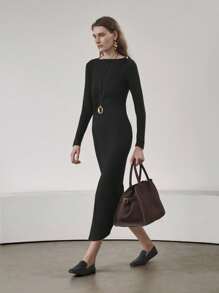 Uhlyne Uhlyne Women's Elegant Black Autumn Office Wear Knit Dress,Minimalist Metal Buckle Off Shoulder Long Sleeve Twist Waist Slit Casual Vacation Cloth - Black - View 7