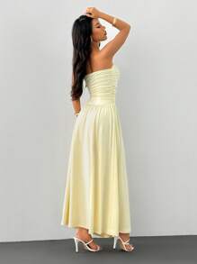 SHEIN PETITE 女士纯色褶饰修身抹胸连衣裙，优雅夏日 - 黃色 - 查看 2