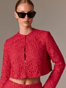 AiiRZ Crochet Lace Co Ord Set Floral Pattern Buttoned Crop Top High Waist Shorts Festival Summer Beach Party Occasion Two Piece Outfit - Red - View 5