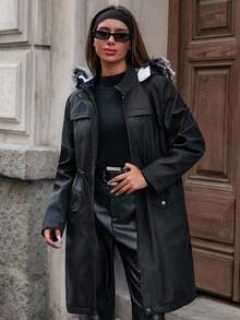EURMUSE Winter Parka, Extended Length Design, Faux Fur Trimmed Hood, Hidden Front Zip With Storm Flap, Large Utility Pocket Design, Drawstring Waist Adjustment, Mid-Thigh Length Cut, Weather-Resistant Material, Classic Winter Coat Silhouette, Practical Urban Style, Perfect For Cold Weather Protection - Black - View 4