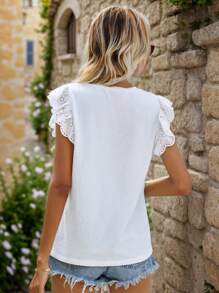 SHEIN Frenchy Women's Cap Sleeve V-Neck White Lace T-Shirt Summer Casual