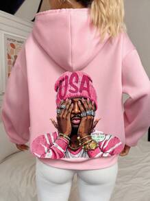 SHEIN EZwear 休闲简约印花图案连帽长袖宽松女式运动衫 - 淺粉色 - 查看 2