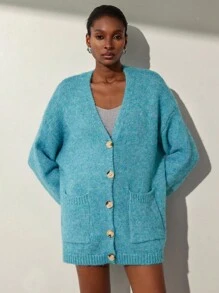 Aveloria Modichic Áo len cardigan dệt kim cỡ lớn mềm mại và ấm áp màu xanh biển, dài vừa, thu/đông - Màu xanh lam - Xem 5