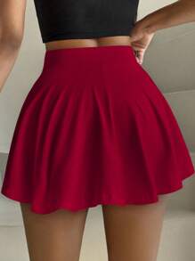 Zolique 女士休闲纯色手机口袋运动短裙 - 酒紅色 - 查看 2