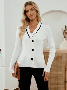 EMERY ROSE Cárdigan de mujer casual y versátil de color blanco con contraste, cárdigan de cuello en V, cárdigan acanalado, cárdigan casual de negocios para otoño, invierno y otoño con abotonadura - Blanco - Ver 5