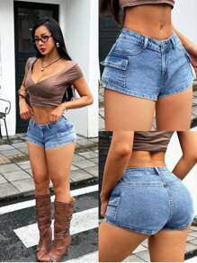 SHEIN ICON 休闲水洗低腰工装牛仔短裤