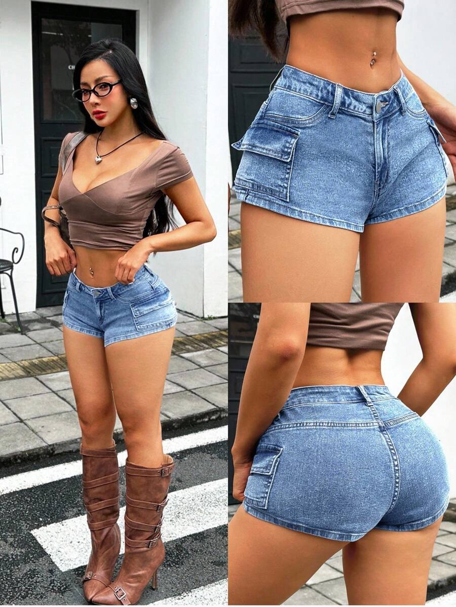 SHEIN ICON 休闲水洗低腰工装牛仔短裤