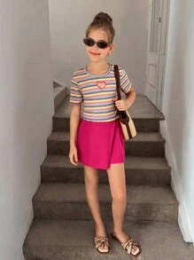 Tween Girls' Sweet & Cool Daily Striped Short Sleeve Top With Skirt