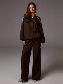 Athîral Women's Elastic Waist Side Striped Wide Leg Loose Casual Pants Brown Pants Women Wide Leg Pants Snap Pants Track Pants Brown Track Pants - Coffee Brown - View 5