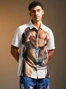 FeverCity Men's Fashionable Figure Print Short Sleeve Shirt, Summer