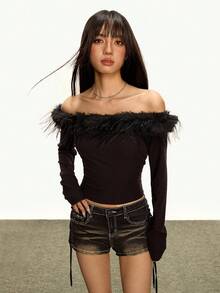 Rina Fox Women's Fashion Fuzzy Patchwork Off Shoulder Top - Black - View 4