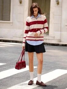 Hanevo 女式条纹插肩袖单排扣休闲宽松针织开衫 - 杏色 - 查看 3