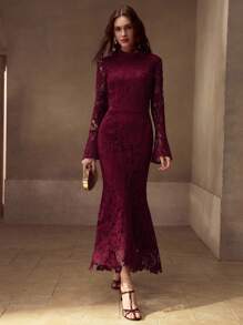 MOTF PREMIUM ELEGANT STAND COLLAR BIAS CUT DRESS - Burgundy - View 5