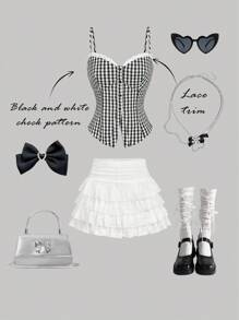 SHEIN MOD 女士蕾丝边格子印花单排扣时尚波西米亚风上衣、波西米亚风女装、女士早午餐、茶会、狂欢上衣、办公室/通勤、优雅浪漫可爱休闲度假海滩日常街头约会百搭女士背心、紧身胸衣