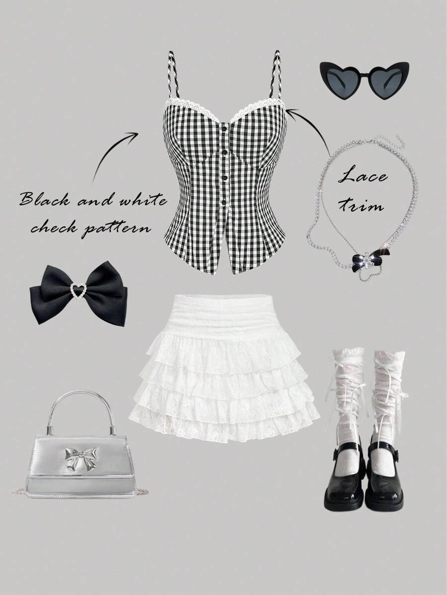 SHEIN MOD 女士蕾丝边格子印花单排扣时尚波西米亚风上衣、波西米亚风女装、女士早午餐、茶会、狂欢上衣、办公室/通勤、优雅浪漫可爱休闲度假海滩日常街头约会百搭女士背心、紧身胸衣