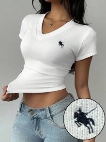 SHEIN BASICS 休闲商务风格女士V领褶皱T恤，带刺绣马标志，适合夏季搭配 - 彩色 - 查看 1