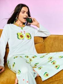 Women Cartoon Avocado Print Pajama Top And Bottom Set
