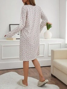 Women Cotton Floral Pattern With Eye Lettered Printed Long Sleeve Homewear Sleep Pajama Dress Women Pajama Dress Long Sleeve Nightgown Cute Sleepwear Women Cute Sleep Set Sleepwear Dress