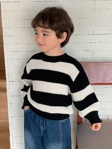 DAZY 幼儿男童宽松休闲条纹针织毛衣，基本款圆领长袖，秋季 - 黑與白 - 查看 3