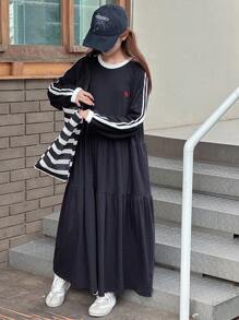 DAZY 少女 A 字连衣裙，宽松休闲小图案刺绣撞色丝带，秋季 - 藏蓝色 - 查看 4