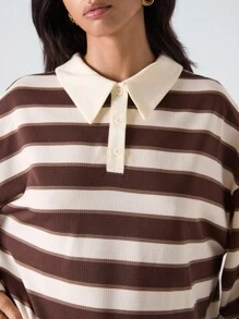 LYSMO 2025 Nuevo Llegado Minimalismo Otoño Mujer Camiseta casual holgada de cuello polo de manga larga con hombros caídos a rayas para salir, volver a la escuela, graduación, ropa urbana, grunge y punk chic, estilo Y2K y Estocolmo, mujer con estilo y maestra única, aeropuerto y viaje para mujer, blusas de otoño