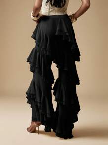 MISSGUIDED 夸张荷叶边层叠雪纺阔腿裤，个性晚装，适合各种场合的阔腿裤，适合派对穿着 - 黑色 - 查看 2