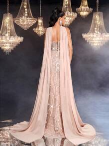 Glamrae Váy đuôi cá hở vai đính ngọc trai và sequin sang trọng, quyến rũ, thanh lịch, gợi cảm kèm khăn voan có thể tháo rời, thích hợp cho đám cưới, tiệc tùng, kỳ nghỉ, dạ tiệc, sự kiện trang trọng (trang trí đậm) - Rượu sâm banh - Xem 3