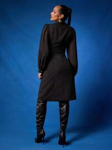 NYA SZN Dress Long Sleeve Plunge V Neck Button Up Collar Modest Guest Midi Length Outfits For Women - Black - View 3