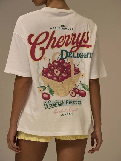 MUSERA Camiseta oversize con estampado gráfico de cerezas "Market Street" - Ropa casual y divertida, ideal para primavera y verano, con estilo elegante y de festival para chicas