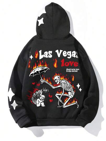 Goth Sudadera con capucha casual de hombre con gráfico de calavera y letras, para otoño/invierno