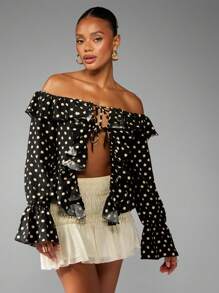 MISSGUIDED Blusa con hombros descubiertos, volantes y lunares, con mangas acampanadas, estilo campesino, para uso en fiestas, eventos y verano, con diseño de cierre delantero con lazo - Blanco y Negro - Ver 5