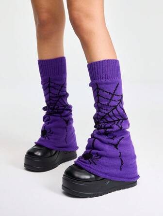 Grunge Punk 1 Pair Purple Spider Web Pattern Thigh High Socks For Women, Warm & Cozy